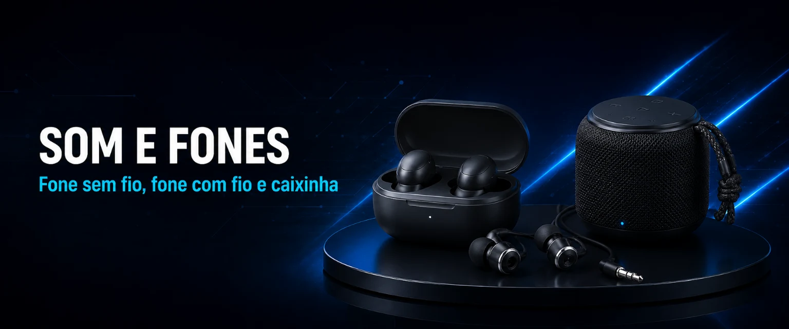 Som e fones: fone sem fio, fone com fio e caixinha